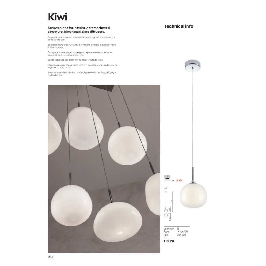 Redo 01-2081 - Подвесной светильник на тросе KIWI 1xG9/40W/230V Ø 12 см глянцевый хром/белый