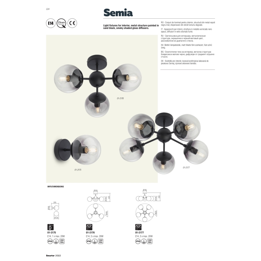 Redo 01-2175 - Настінний світильник SEMIA 1xE14/28W/230V чорний/димчастий