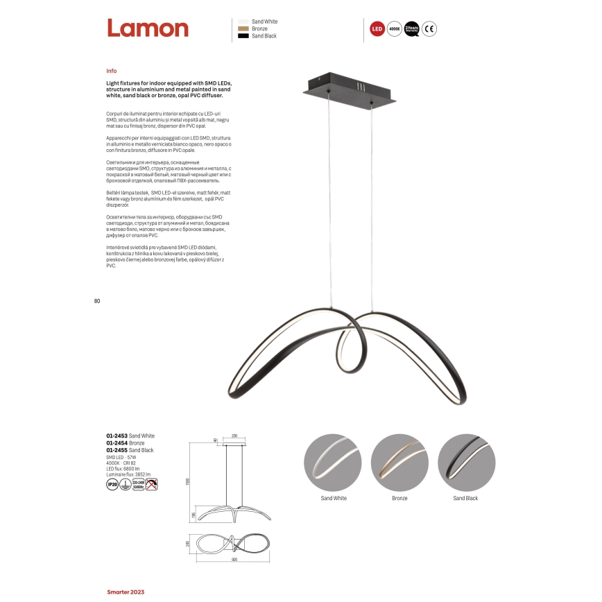 Redo 01-2455 - Світлодіодна підвісна люстра LAMON LED/57W/230V чорний