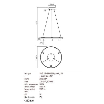Redo 01-2490 - Світлодіодна підвісна люстра SUMMIT LED/38W/230V CRI 90 діаметр 61,6 см золотий