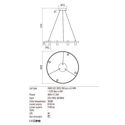Redo 01-2492 - Светодиодная подвесная люстра SUMMIT LED/53,5W/230V CRI 90 диаметр 80,8 см золотистый