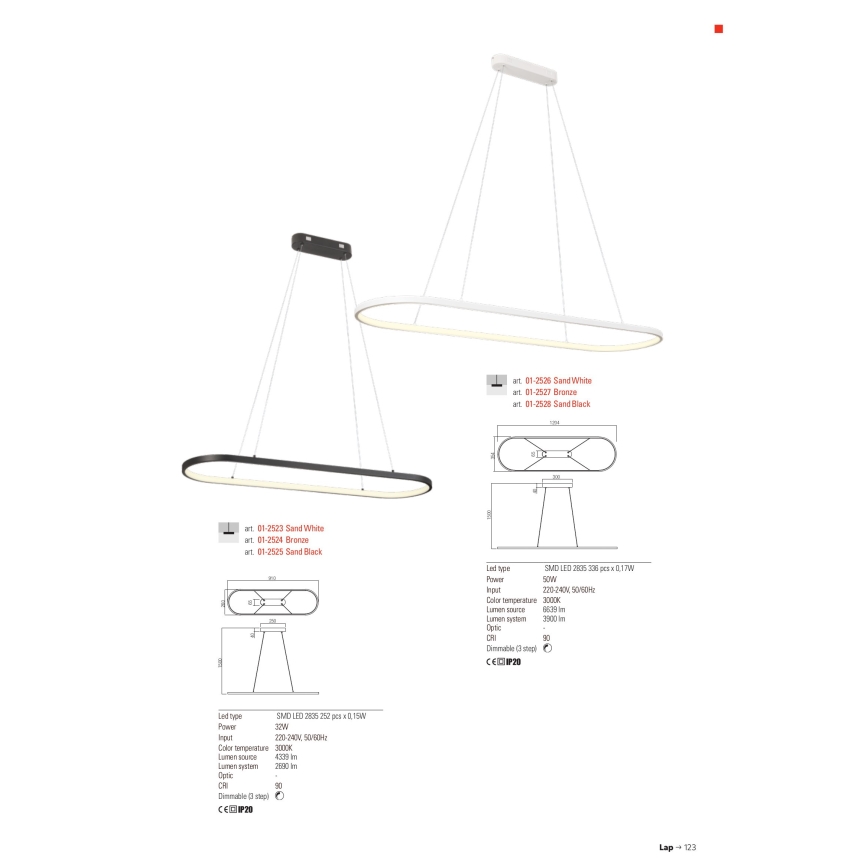 Redo 01-2523 - Світлодіодна підвісна люстра з регулюванням яскравості LAP LED/32W/230V CRI 90 білий