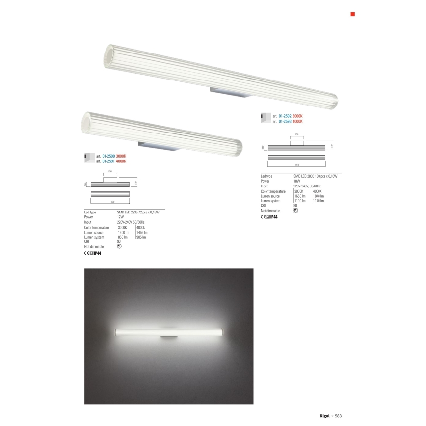 Redo 01-2593 - LED-підсвітка дзеркала для ванної кімнати RIGAL LED/18W/230V 91 см CRI 90 IP44 полірований хром/білий