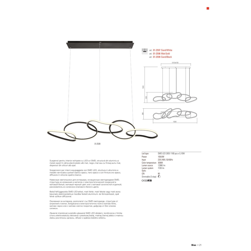 Redo 01-2599 - Светодиодная подвесная люстра с регулированием яркости BIAS LED/108,6W/230V CRI 90 3000K черный