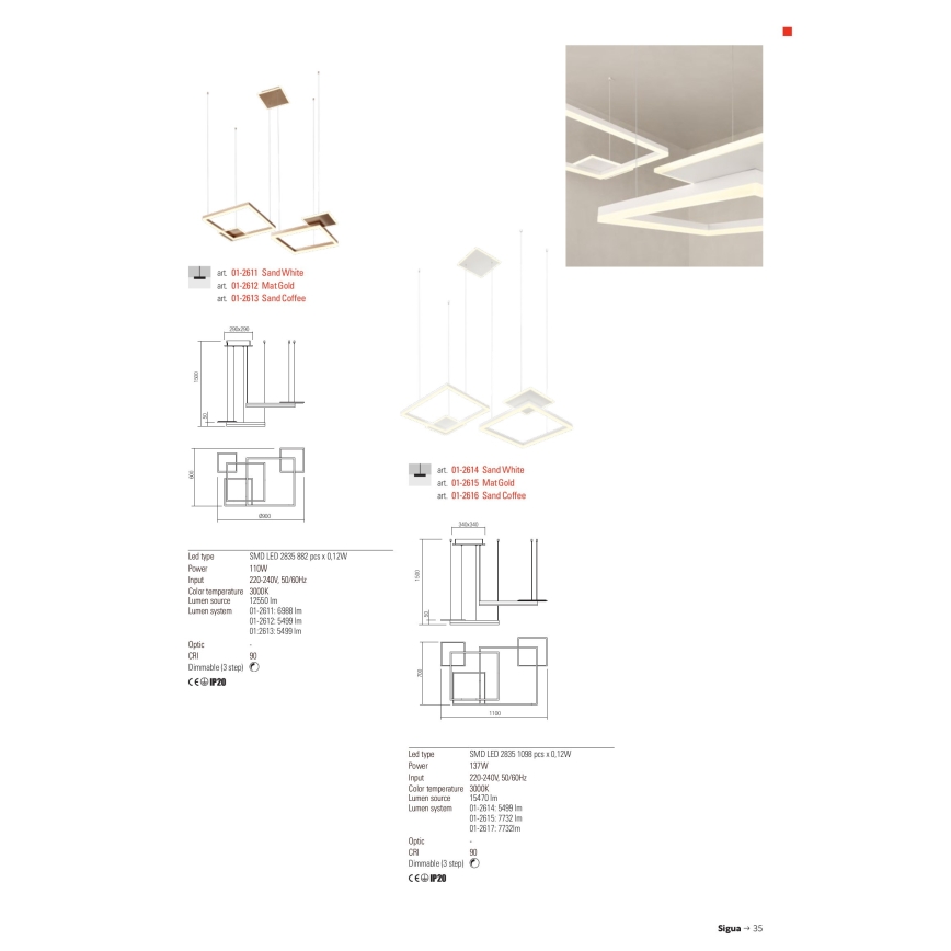 Redo 01-2611 - LED затемнювана підвісна люстра на тросі SIGUA LED/110W/230V CRI 90 біла