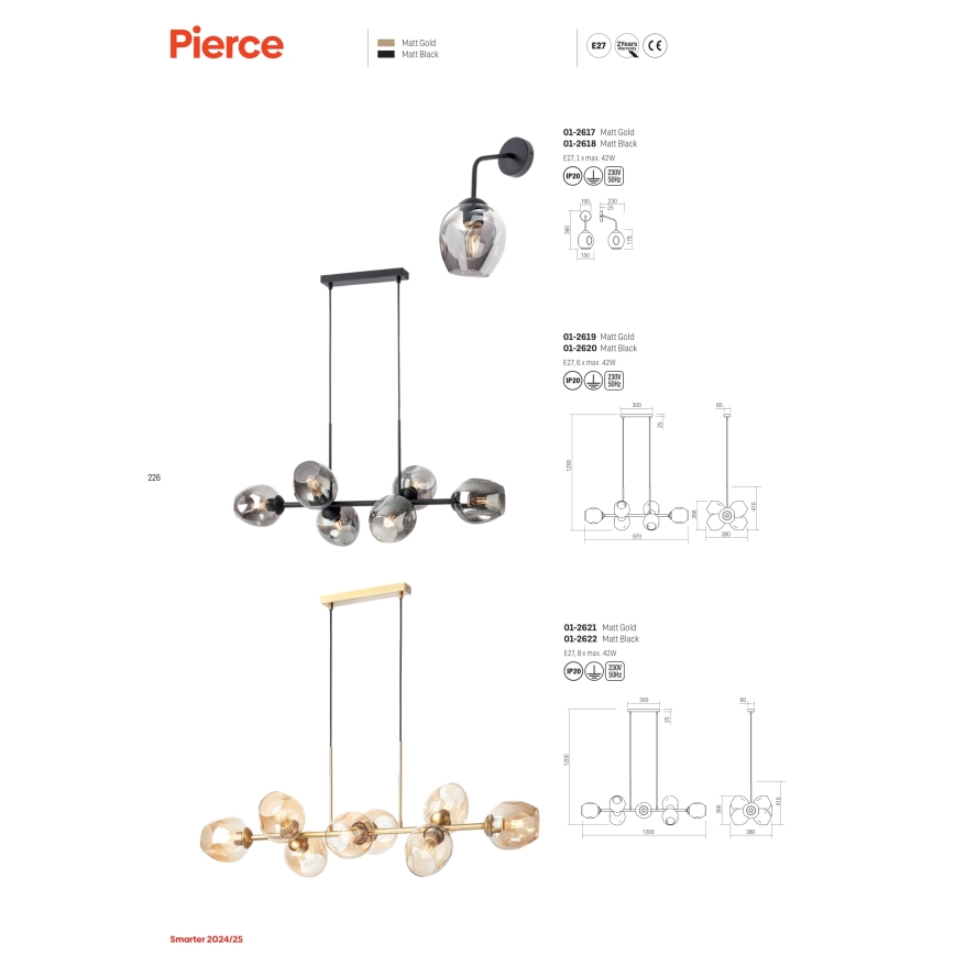 Redo 01-2617 - Настенная лампа PIERCE 1xE27/42W/230V золотистый/дымчатый