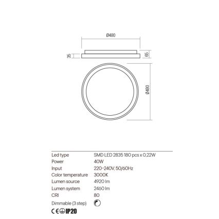 Redo 01-2668 - Светодиодный потолочный светильник с регулированием яркости ICONIC LED/40W/230V диаметр 48 см черный