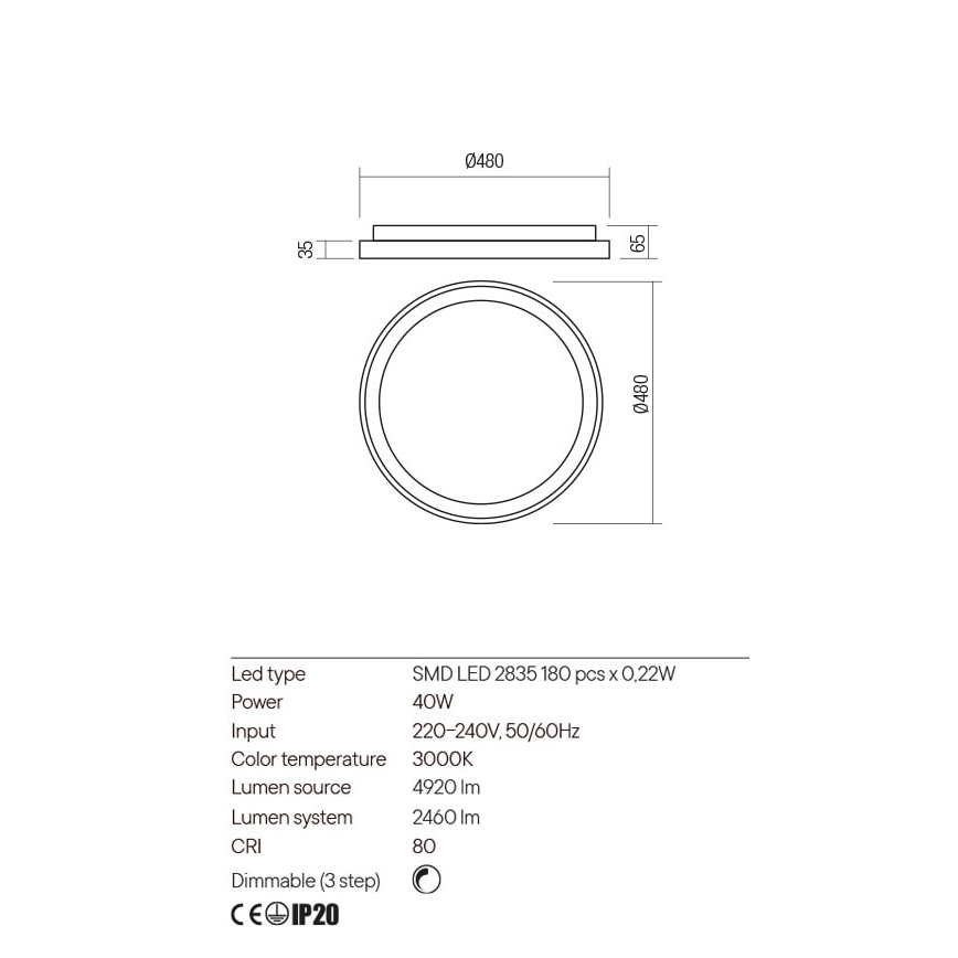 Redo 01-2668 - Светодиодный потолочный светильник с регулированием яркости ICONIC LED/40W/230V диаметр 48 см черный