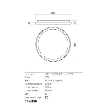 Redo 01-2670 - Светодиодный потолочный светильник с регулированием яркости ICONIC LED/50W/230V диаметр 58 см золотистый