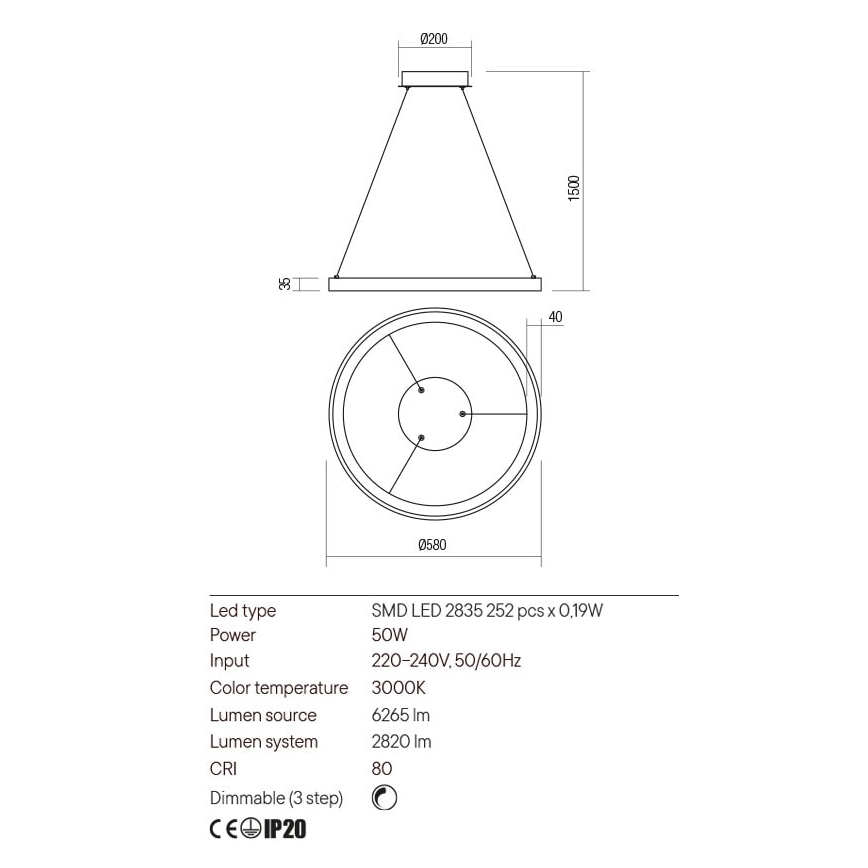 Redo 01-2674 - Светодиодная подвесная люстра с регулированием яркости ICONIC LED/50W/230V диаметр 58 см черный