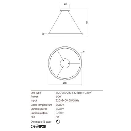 Redo 01-2676 - Светодиодная подвесная люстра с регулированием яркости ICONIC LED/60W/230V диаметр 78 см золотистый