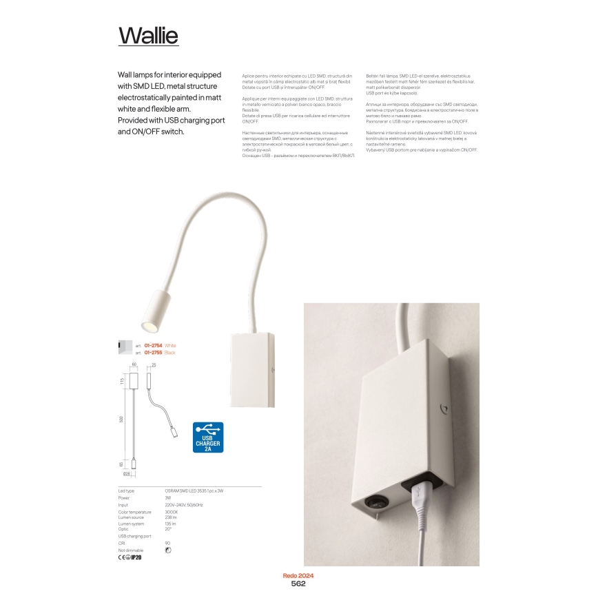 Redo 01-2755 - Світлодіодна настінна лампа WALLIE LED/3W/230V USB CRI 90 чорний
