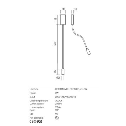 Redo 01-2755 - Світлодіодна настінна лампа WALLIE LED/3W/230V USB CRI 90 чорний