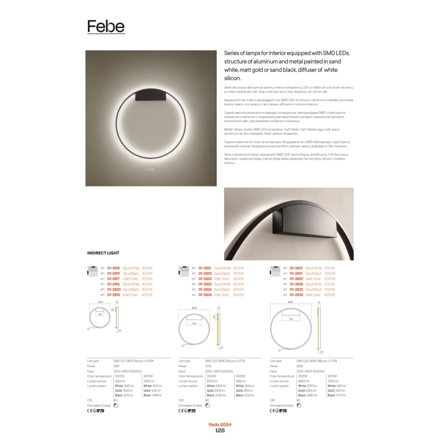 Redo 01-2819 - Настінний LED світильник з регулюванням яскравості FEBE LED/24W/230V чорний