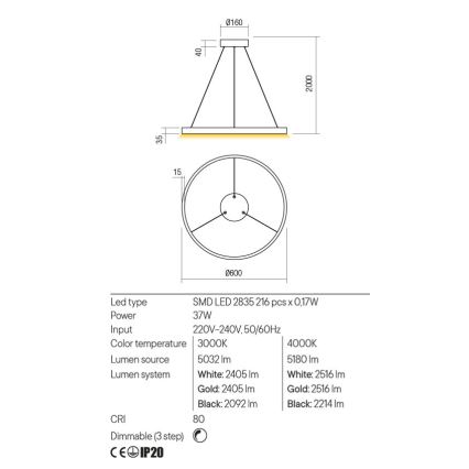 Redo 01-2867 - Світлодіодна підвісна люстра з регулюванням яскравості FEBE LED/37W/230V чорний