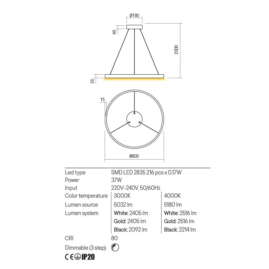 Redo 01-2867 - Світлодіодна підвісна люстра з регулюванням яскравості FEBE LED/37W/230V чорний