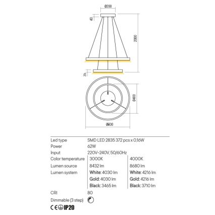 Redo 01-2889 - димована світлодіодна люстра на тросі FEBE LED/62W/230V золота