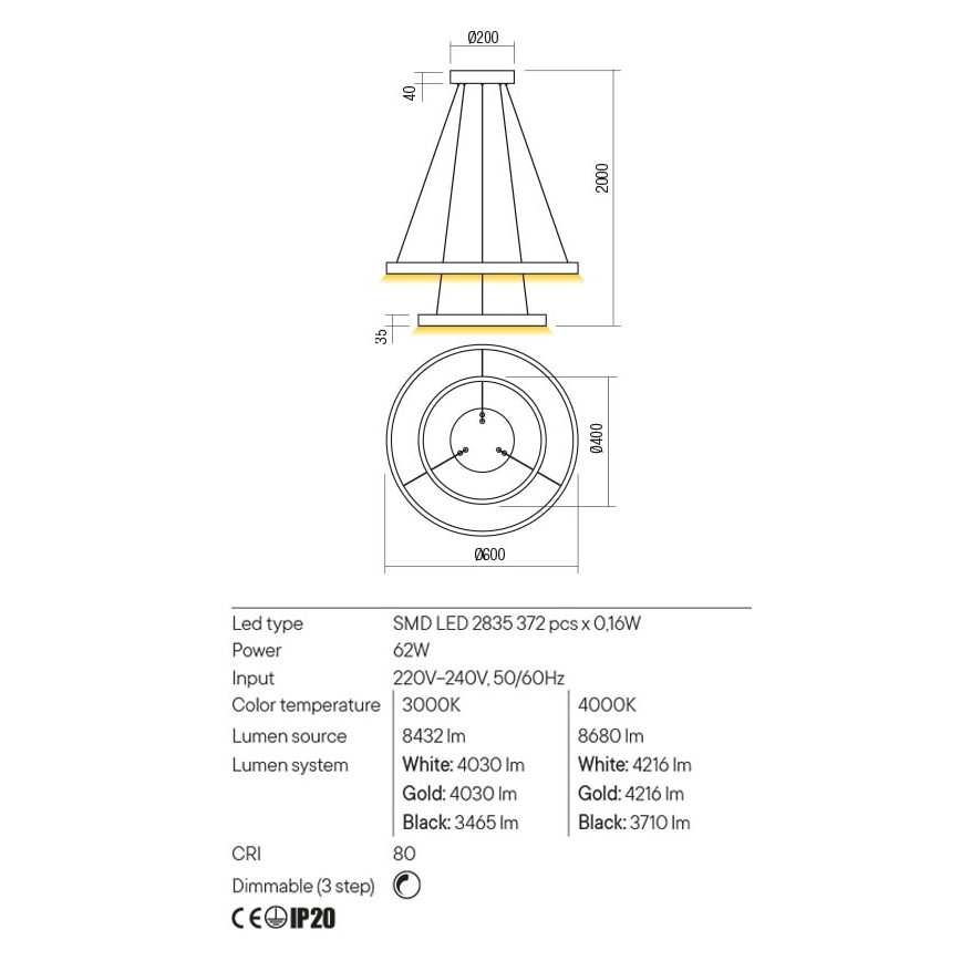 Redo 01-2889 - димована світлодіодна люстра на тросі FEBE LED/62W/230V золота