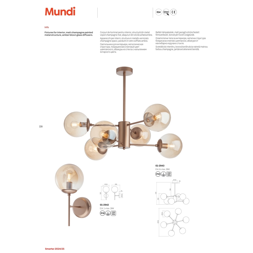 Redo 01-2943 - Люстра на штанге MUNDI 6xE14/28W/230V медный