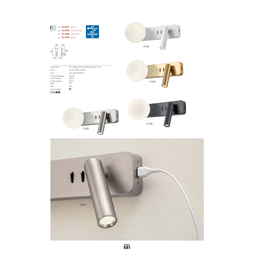 Redo 01-2994 - LED настенный светильник OASIS LED/3W/230V + 1xG9/10W USB CRI 90 черный