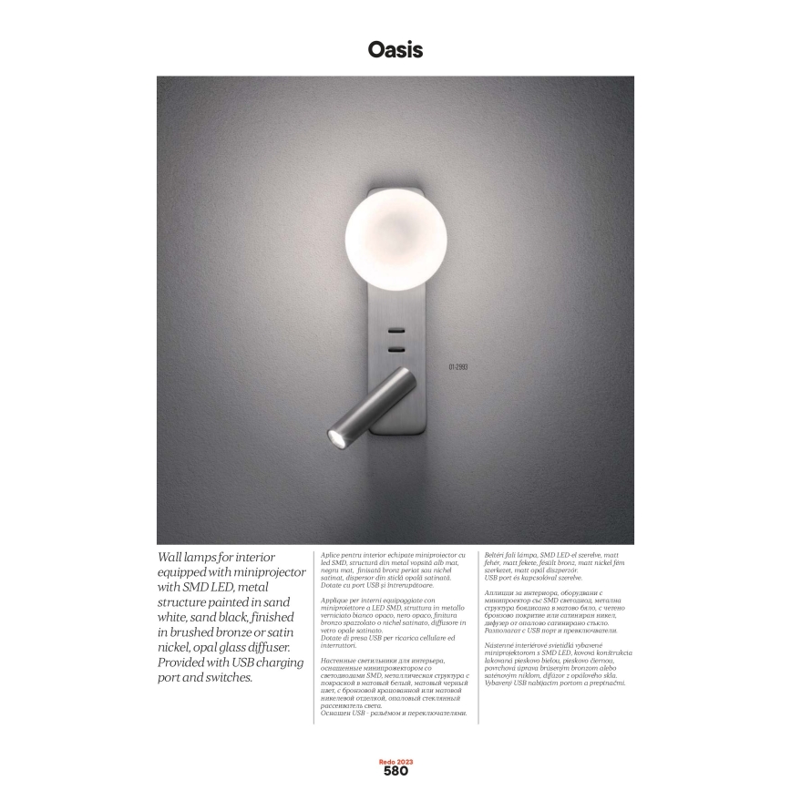 Redo 01-2994 - настінний LED‑світильник OASIS LED/3W/230V + 1xG9/10W USB CRI 90 чорний