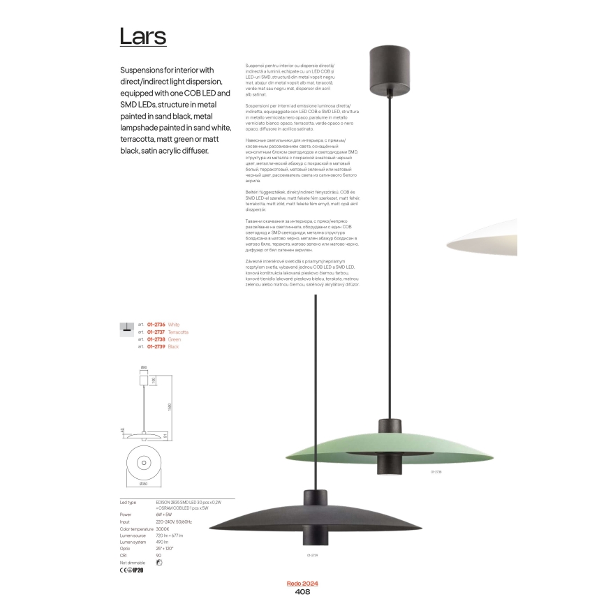 Redo 01-3018 - LED-люстра на тросе LARS LED/14W/230V + LED/10W диаметр 60 cm CRI 90 белая