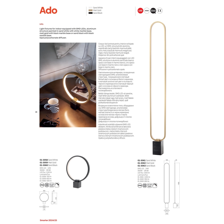 Redo 01-3062 - LED Торшер з регулюванням яскравості ADO LED/24W/230V золотий