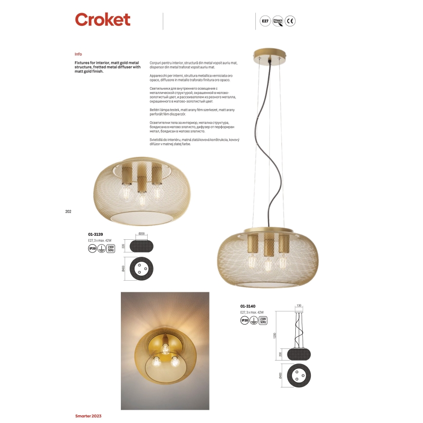 Redo 01-3139 - Потолочный светильник CROKET 3xE27/42W/230V диаметр 40 см золотистый