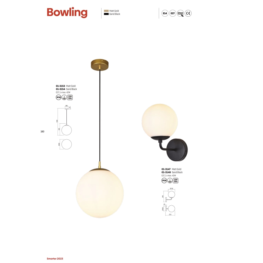 Redo 01-3154 - Подвесная люстра BOWLING 1xE27/42W/230V черный