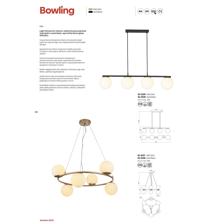 Redo 01-3156 - Подвесная люстра BOWLING 4xE27/42W/230V черный