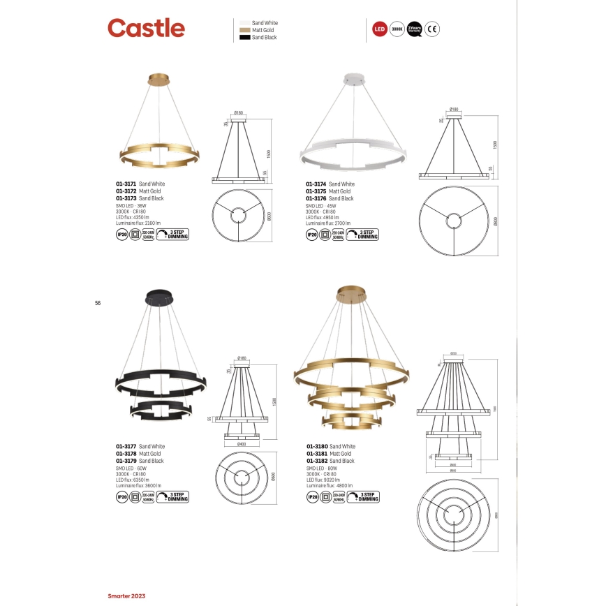 Redo 01-3175 - Світлодіодна підвісна люстра з регулюванням яскравості CASTLE LED/45W/230V золотий