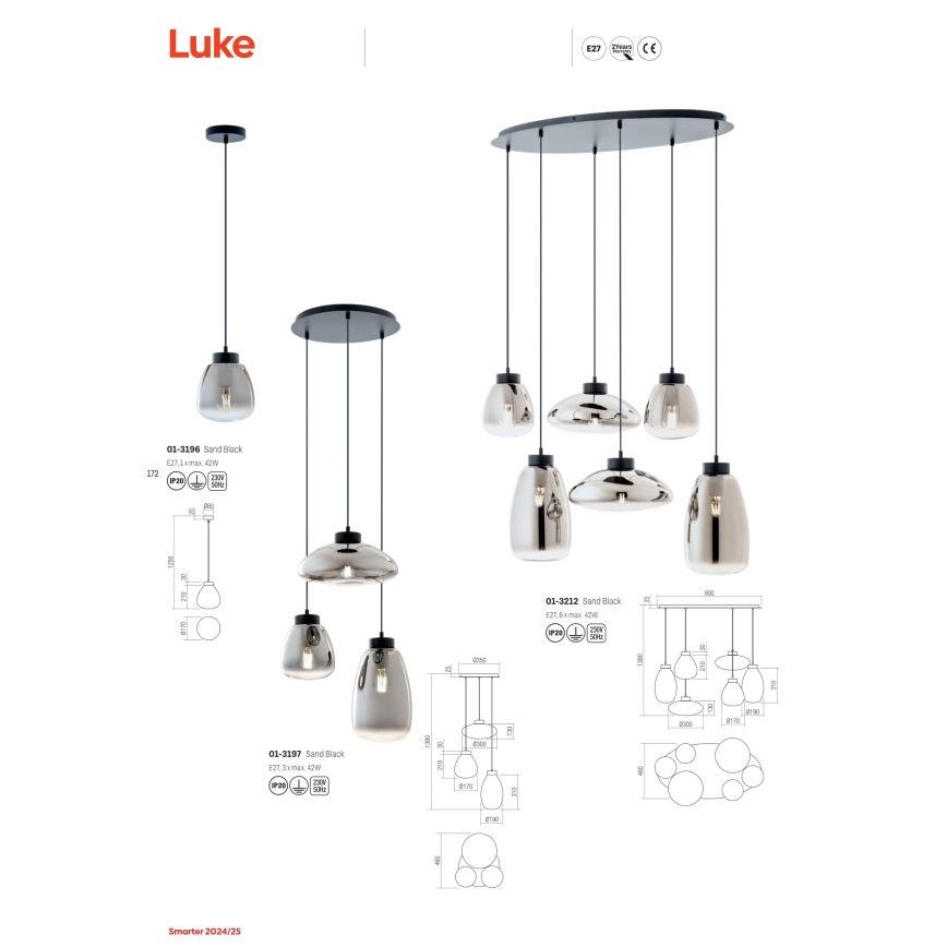 Redo 01-3197 - Подвесная люстра LUKE 3xE27/42W/230V диаметр 46 см черный