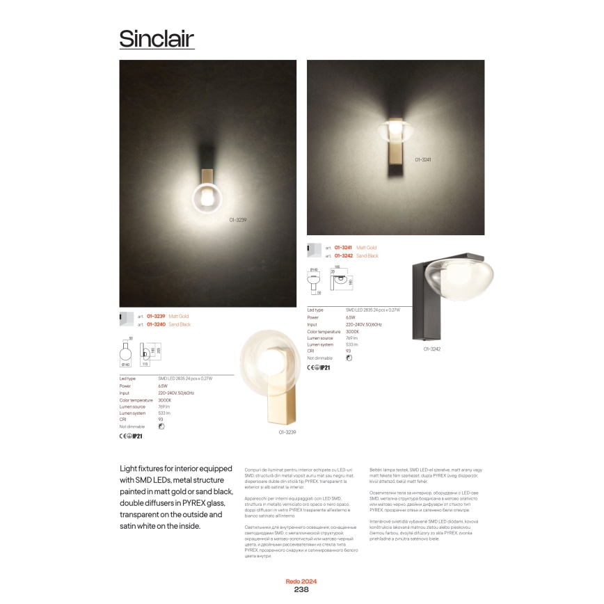 Redo 01-3239 - Світлодіодний настінний світильник SINCLAIR LED/6,5W/230V CRI 93 IP21 золотий