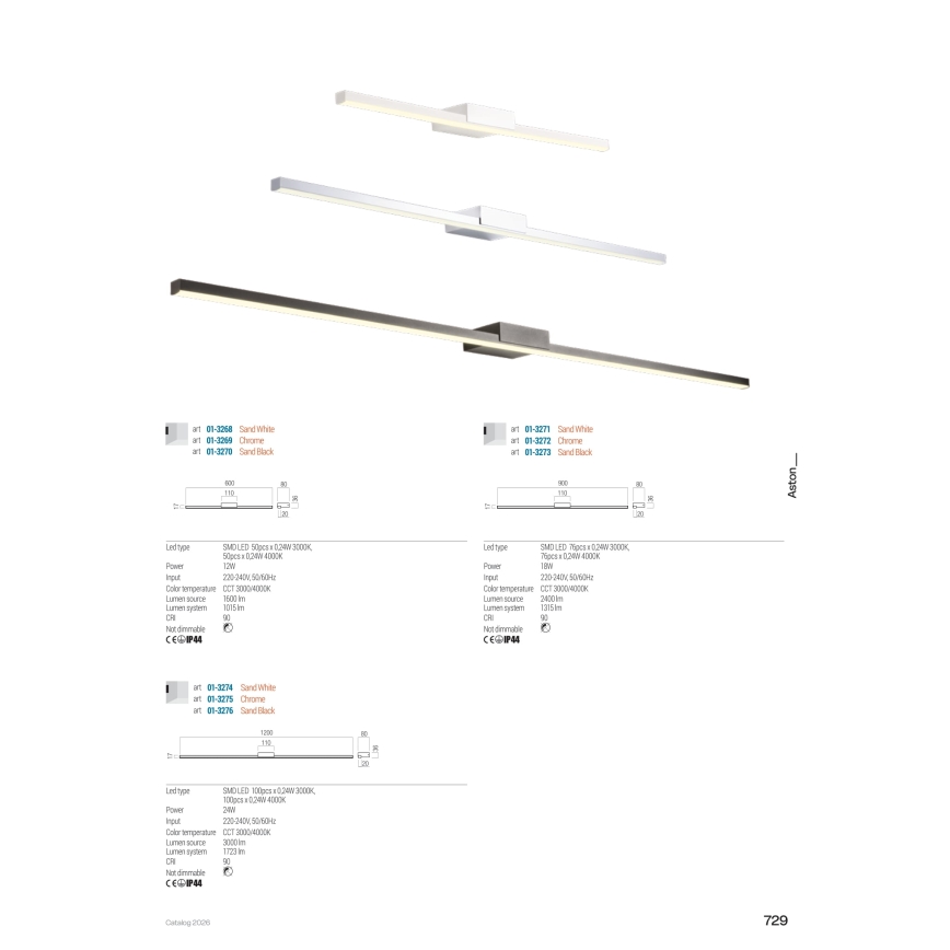 Redo 01-3276 - LED-подсветка для зеркала в ванной ASTON, 24 Вт/230 В, 3000/4000K, 120 см, CRI 90, IP44, черный