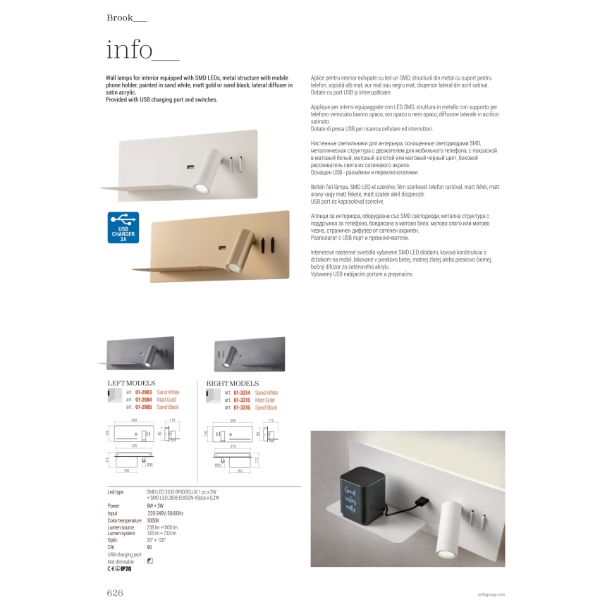 Redo 01-3316 - Світлодіодний настінний точковий світильник BROOK LED/8W/230V + LED/3W USB CRI 90 чорний права