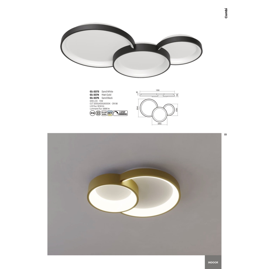 Redo 01-3375 - Светодиодный потолочный светильник с регулированием яркости COMBI LED/72W/230V 3000/4000/6000K CRI98 черный