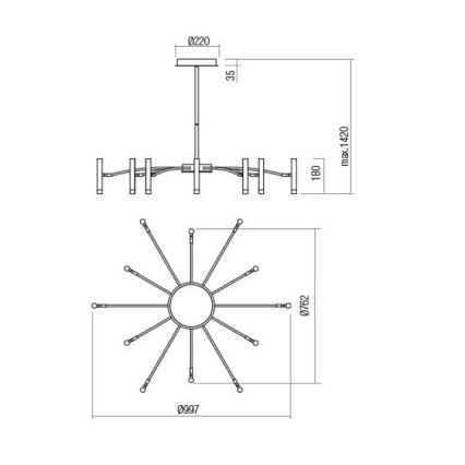 Redo 01-3448 - диммируемая LED-люстра на штанге RAYEN LED/60W/230V CRI 90 золотая