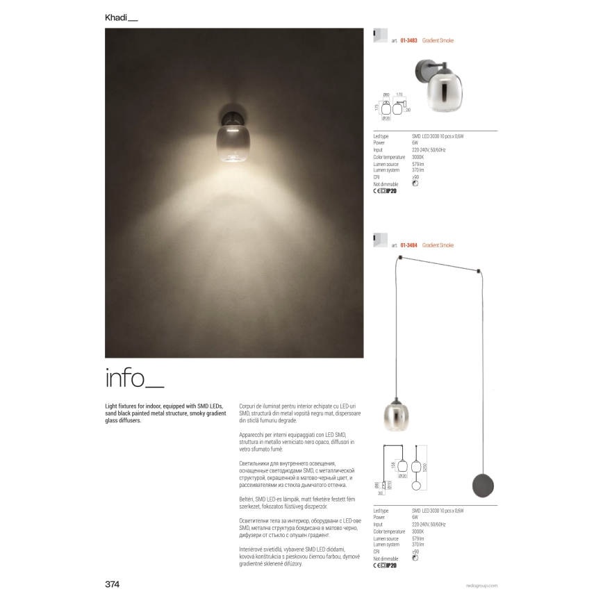 Redo 01-3486 - Подвесной светильник на тросе KHADI LED/6W/230V CRI 90 Ø 12 см черный/дымчатый