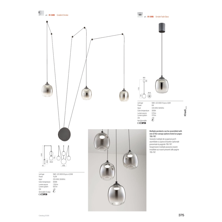 Redo 01-3486 - Подвесной светильник на тросе KHADI LED/6W/230V CRI 90 Ø 12 см черный/дымчатый
