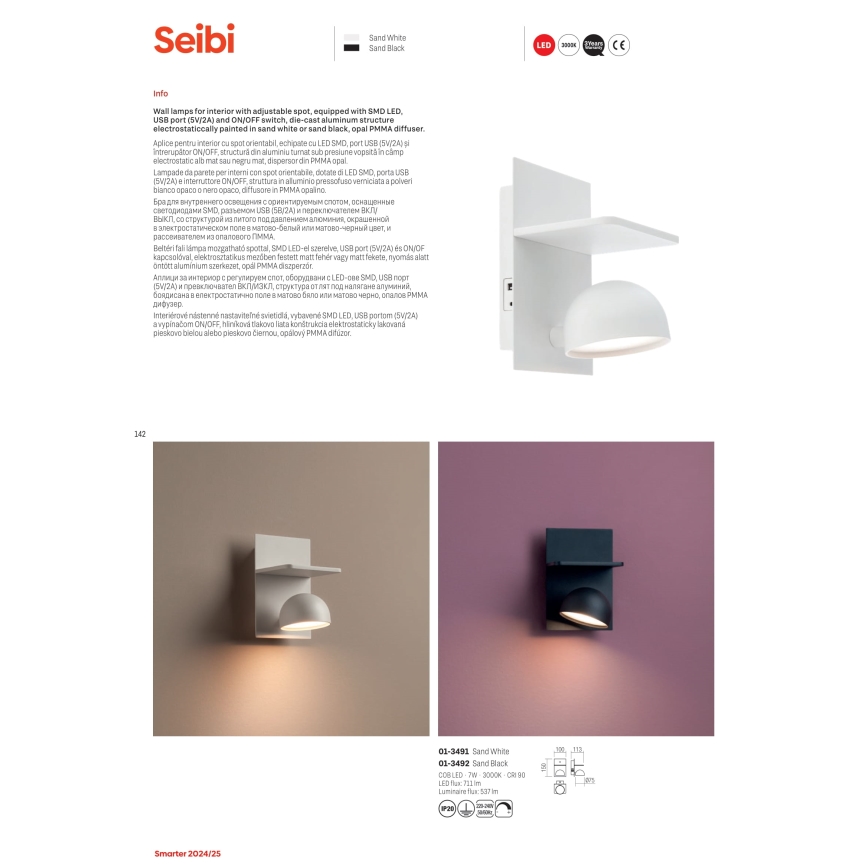 Redo 01-3491 - Світлодіодний настінний точковий світильник SEIBI LED/7W/230V USB CRI 90 білий