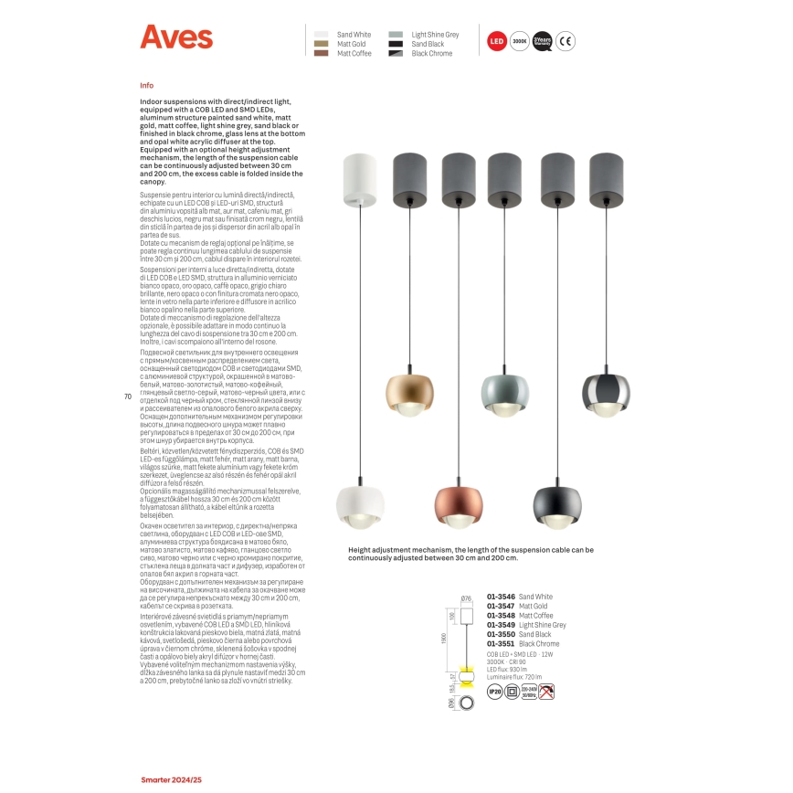 Redo 01-3547 - Світлодіодна підвісна люстра AVES LED/12W/230V діаметр 9,6 см CRI 90 золотий
