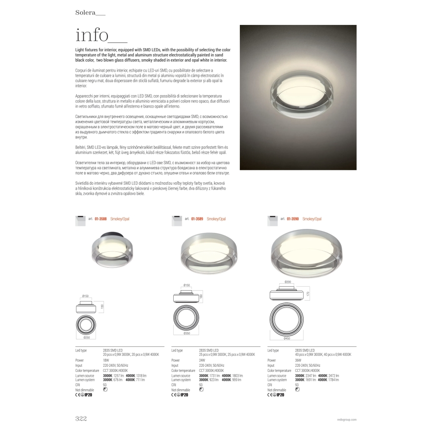 Redo 01-3588 - Стельовий LED світильник SOLERA LED/18W/230V діаметр 25 см CRI 93 3000/4000K сірий