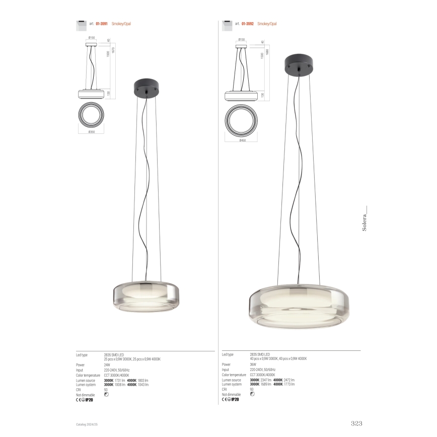 Redo 01-3591 - Светодиодная подвесная люстра SOLERA LED/24W/230V диаметр 35 см CRI 93 3000/4000K серый