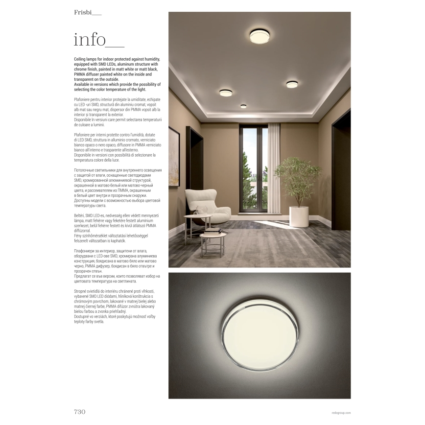 Redo 01-3731 - Светодиодный потолочный светильник для ванной комнаты FRISBI LED/12W/230V диам. 23 см CRI 90 3000/4000K IP44 белый