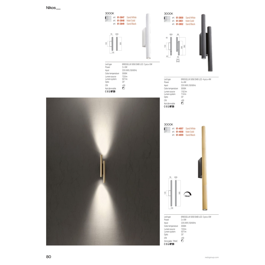 Redo 01-3851 - настенный LED‑светильник NIKOS 4×LED/4Вт/230В CRI 90 золотой