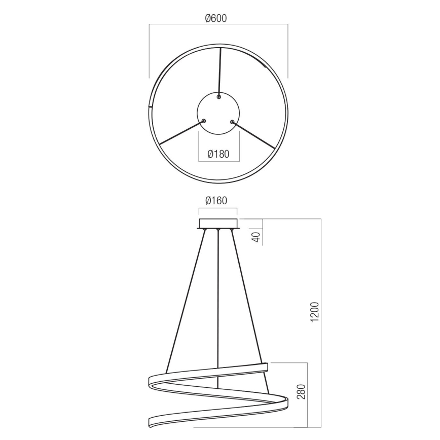 Redo 01-4014 - LED люстра на тросі SCROLL, з можливістю регулювання яскравості, LED/38W/230V, 3000K/4000K/6000K, CRI 90, діаметр 60 см, золота