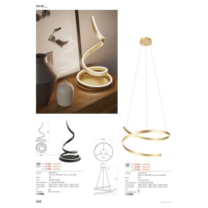 Redo 01-4015 - затемнювана LED-підвісна люстра на тросі SCROLL, 38 Вт, 230 В, 3000 К/4000 К/6000 К, CRI 90, діаметр 60 см, чорна