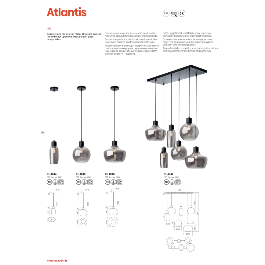 Redo 01-4044 - Підвісна люстра ATLANTIS 1xE27/42W/230V діаметр 11 см чорний