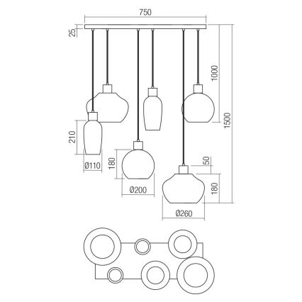 Redo 01-4047 - Подвесная люстра ATLANTIS 6xE27/42W/230V черный