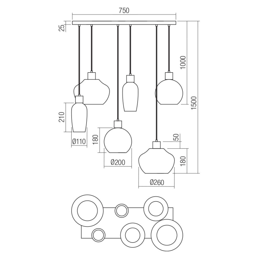 Redo 01-4047 - Подвесная люстра ATLANTIS 6xE27/42W/230V черный